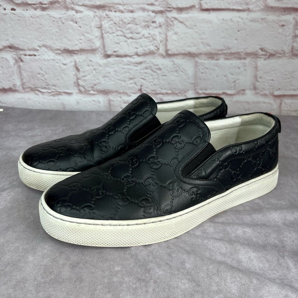 Gucci Embossed Leather Web Mens Slip On Shoes 8